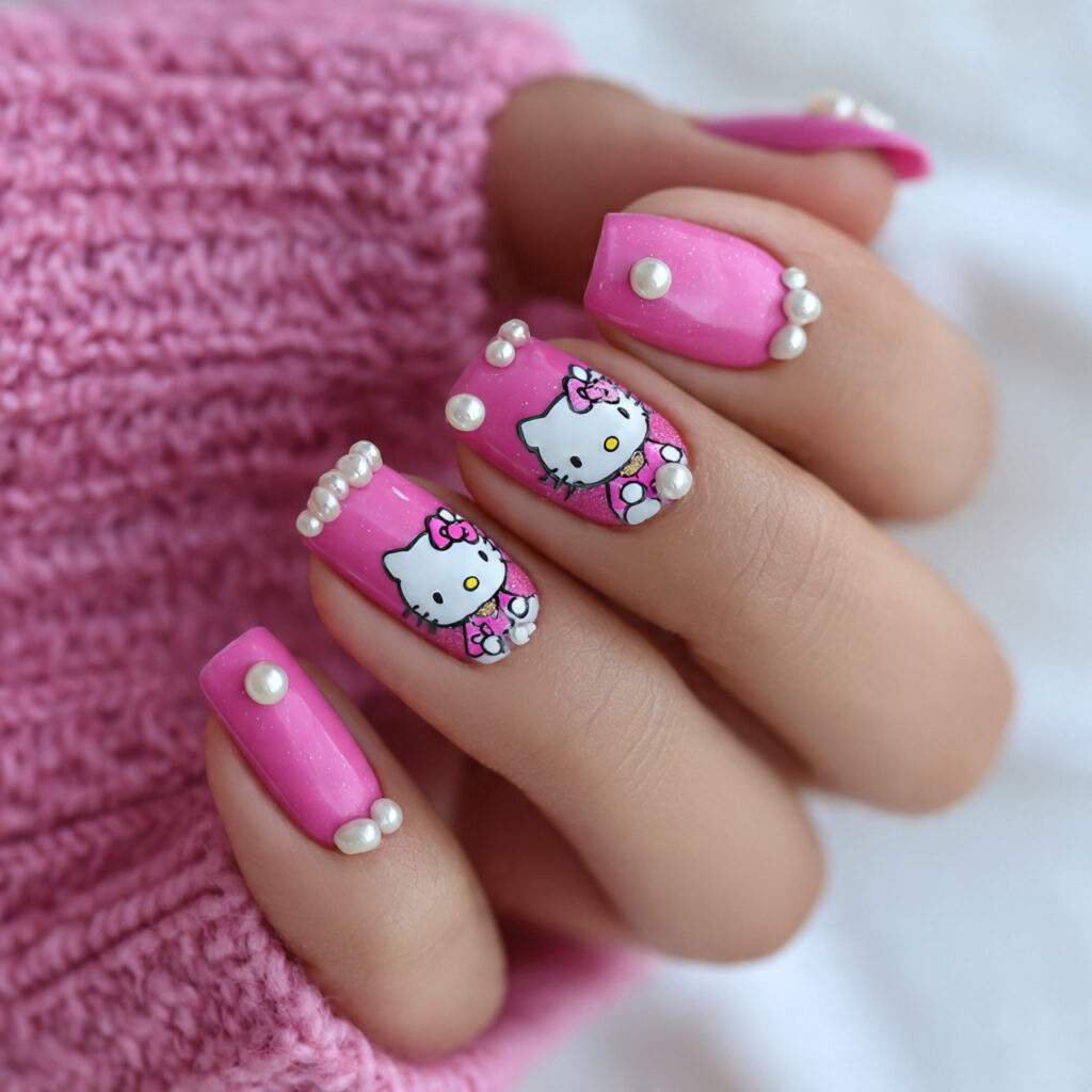 bright pink nails with hello kitty and