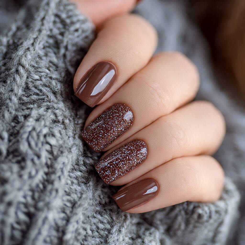 brown winter nails with glitter accents add