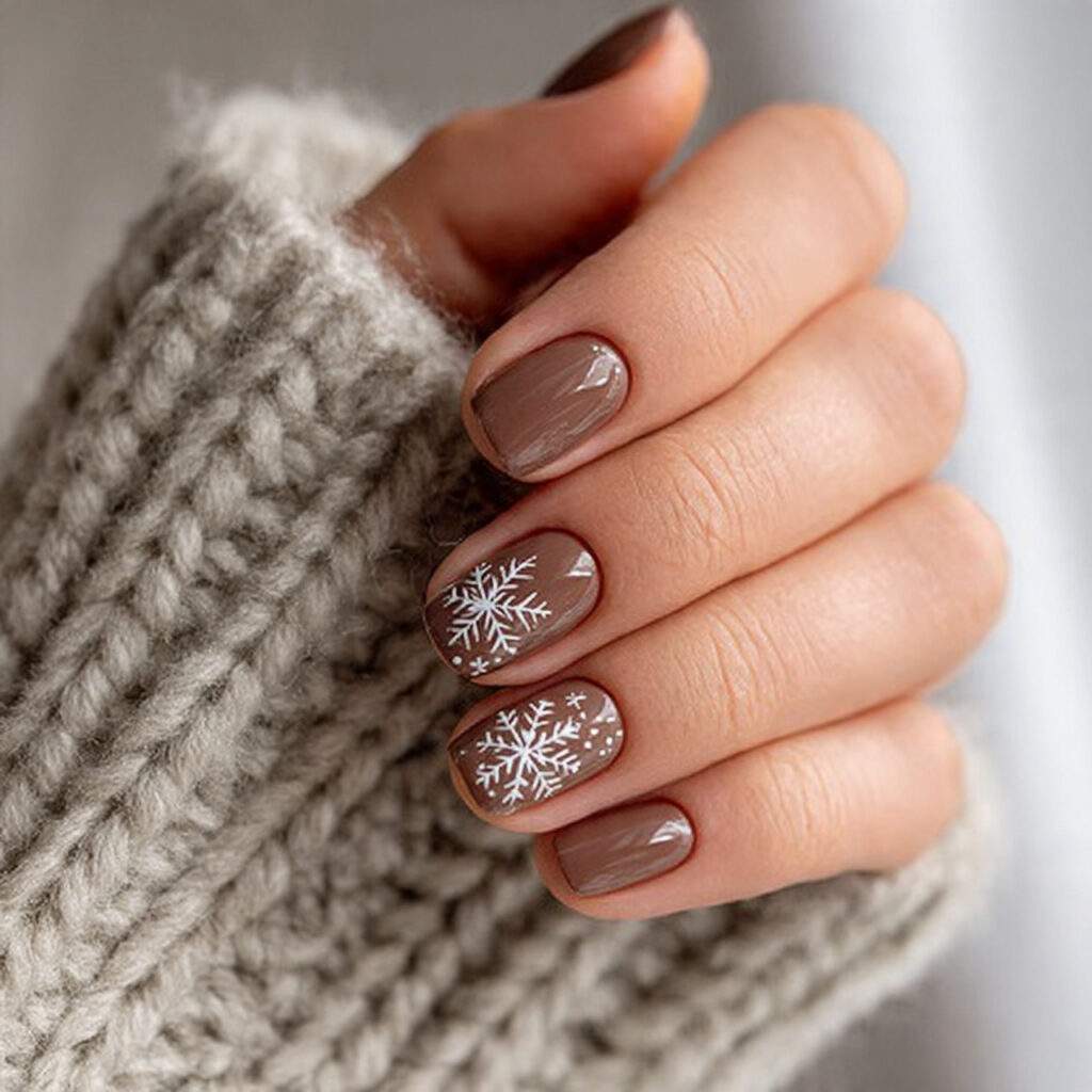 brown winter nails with snowflake accents feel