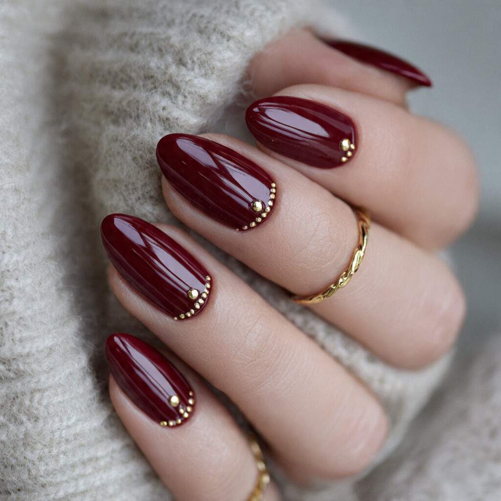 burgundy and gold valentine nails almond shape
