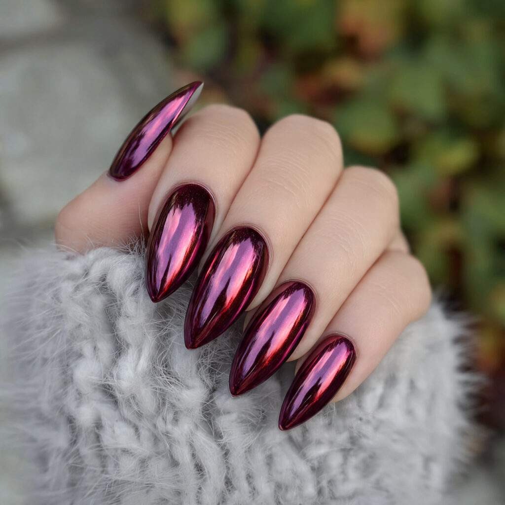 burgundy chrome nails pin style with the