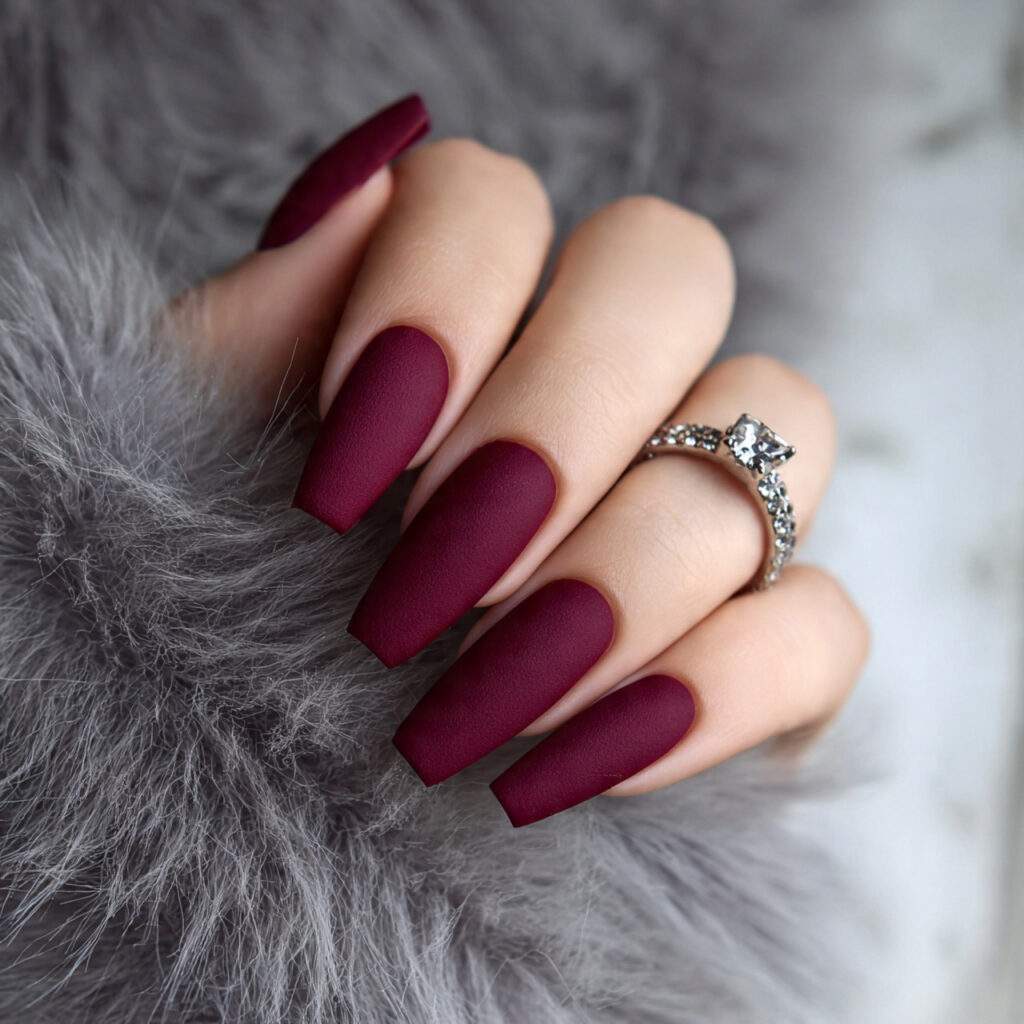 burgundy coffin matte nails offer a strong