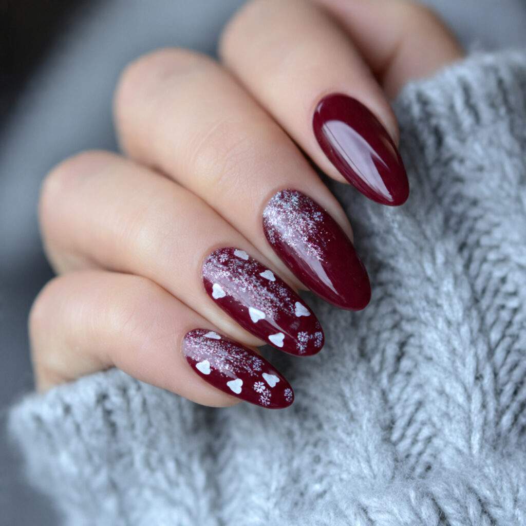 burgundy heart tip winter nails