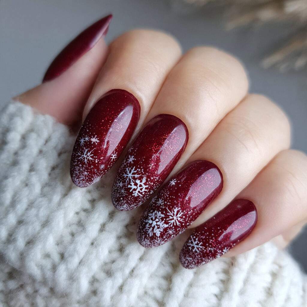 burgundy snowfall tip nails feel deep and