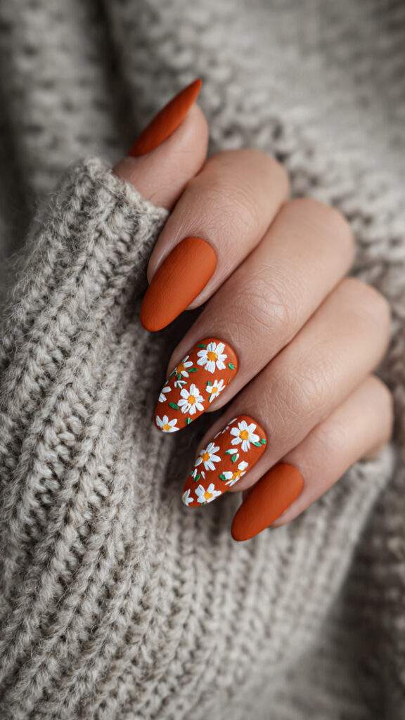 burnt orange nails with daisies bring a