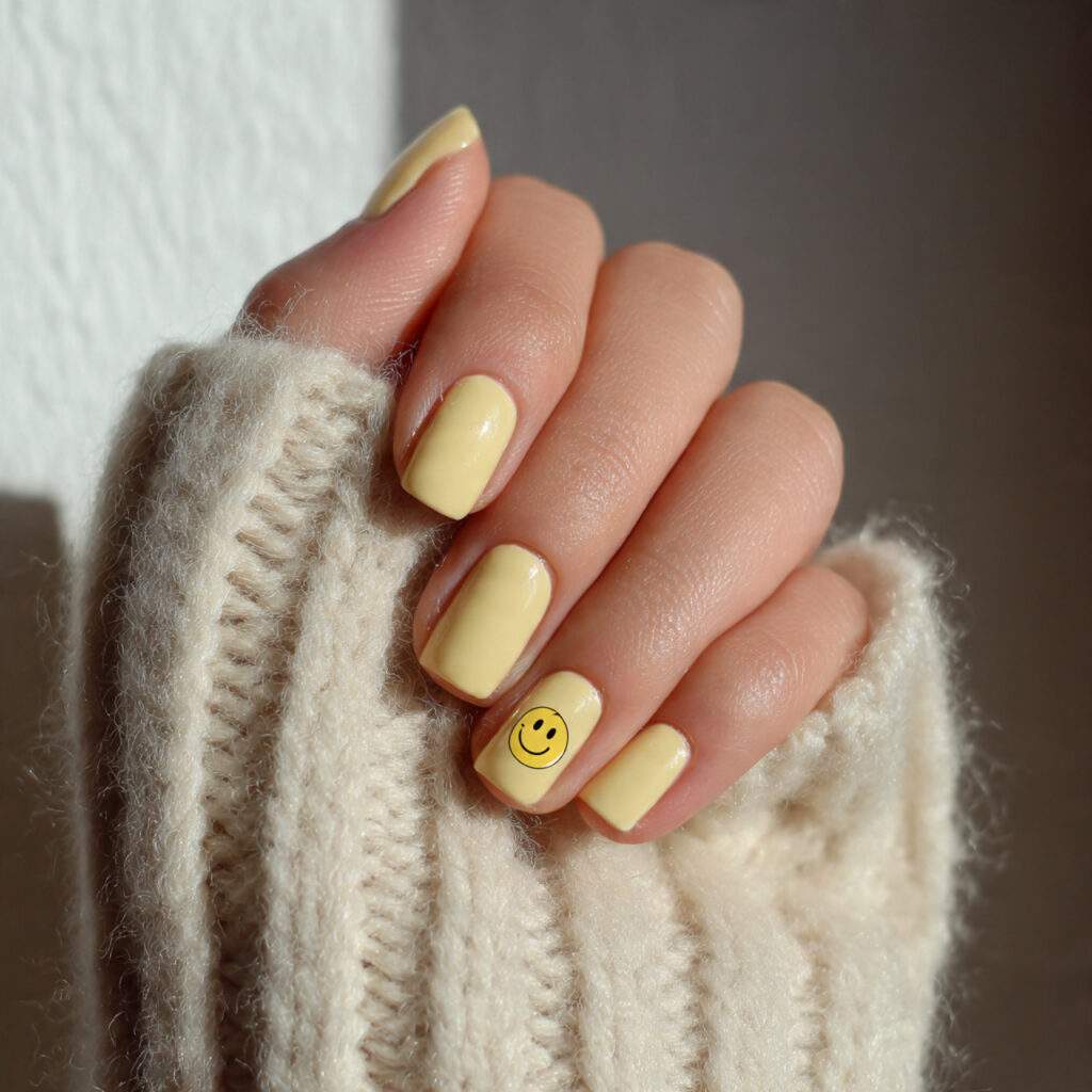 buttery yellow short nails with tiny hand painted