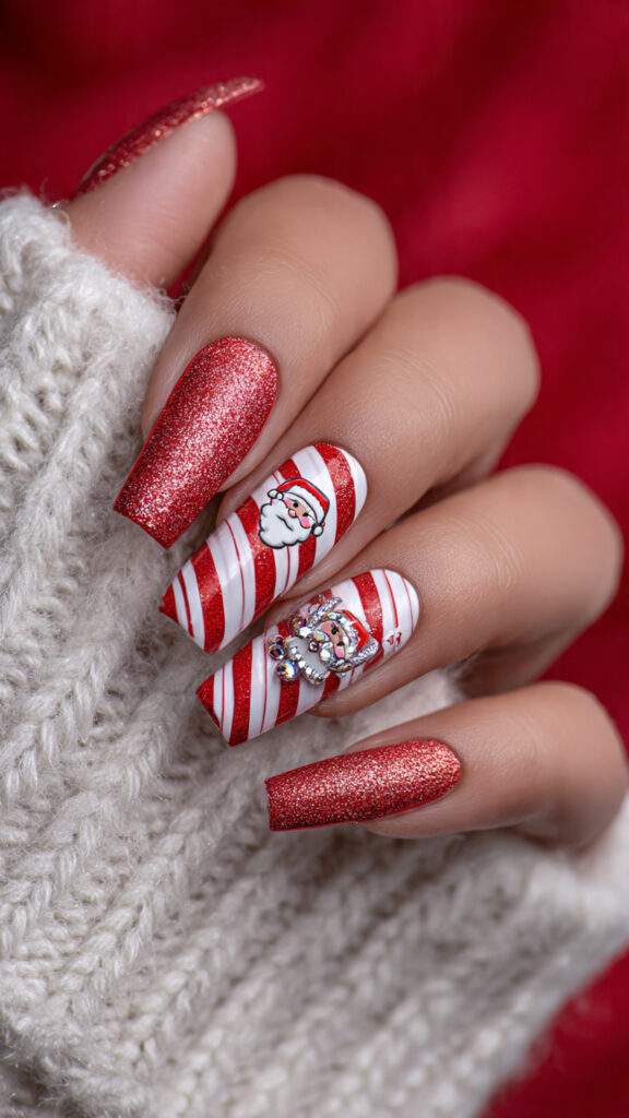 candy cane striped nails with festive santa