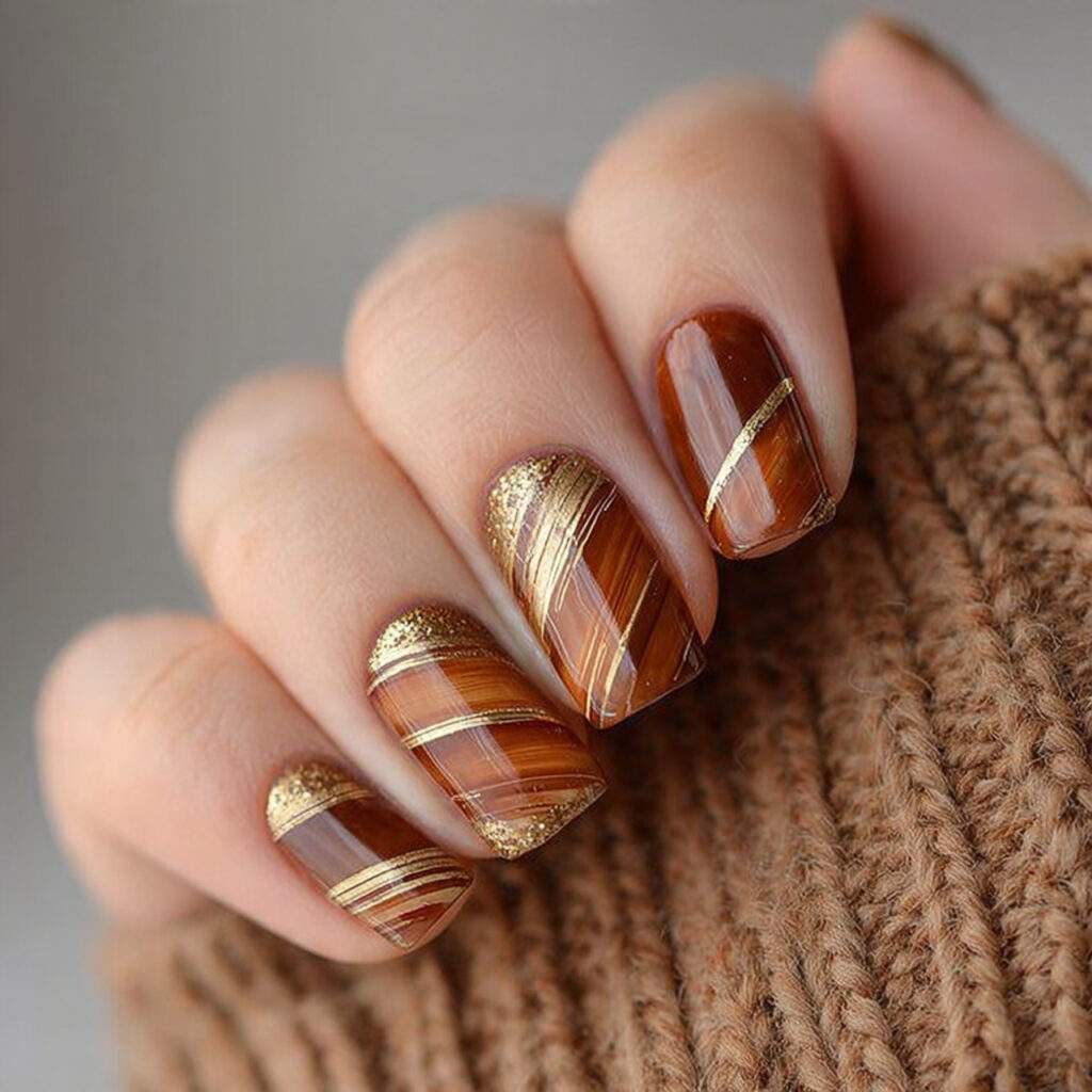 caramel swirl nails mimic the look of