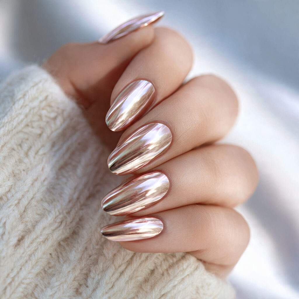 champagne toned chrome nails with luminous metallic reflection