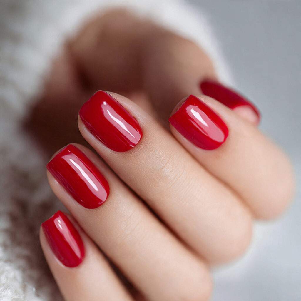 cherry red glazed nails feature bright glossy