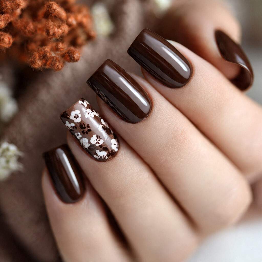 chocolate brown manicure nails pin style with