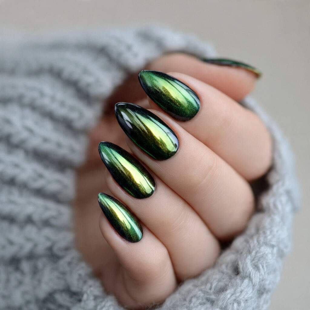 chrome dark green winter nails
