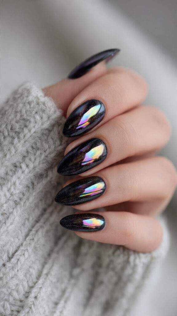chrome ombr almond nails with holographic scream