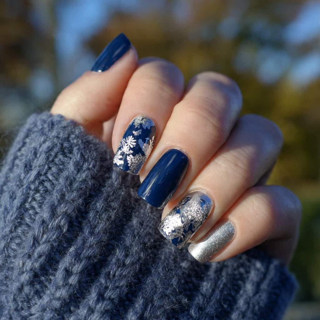 classic navy and silver flurry nails