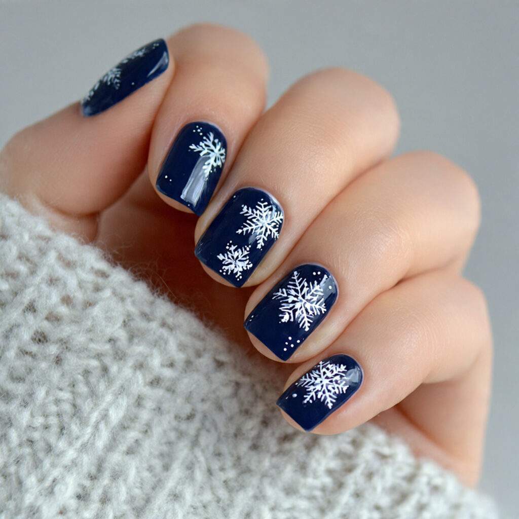 classic snowflakes and navy nails feel timeless