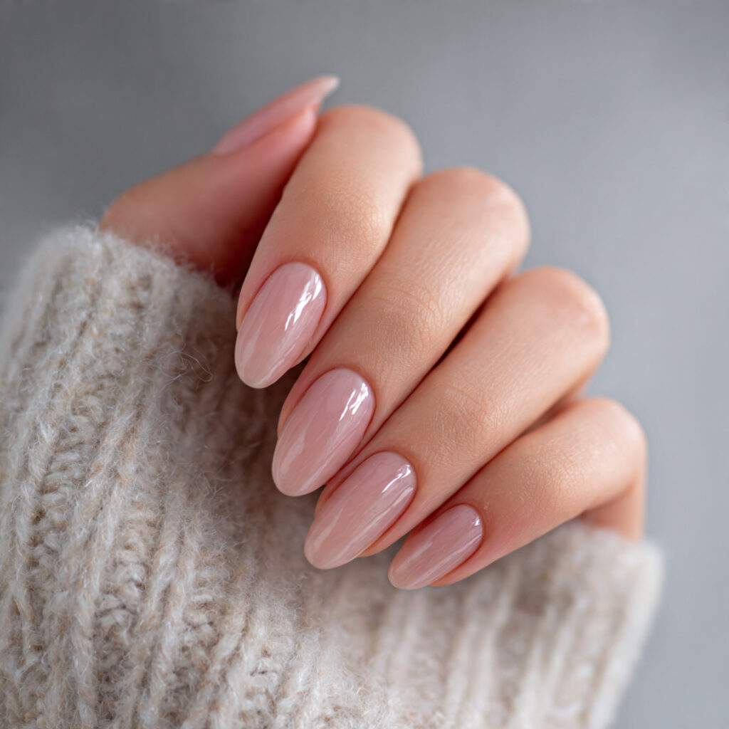 clean girl nails with a clear gloss