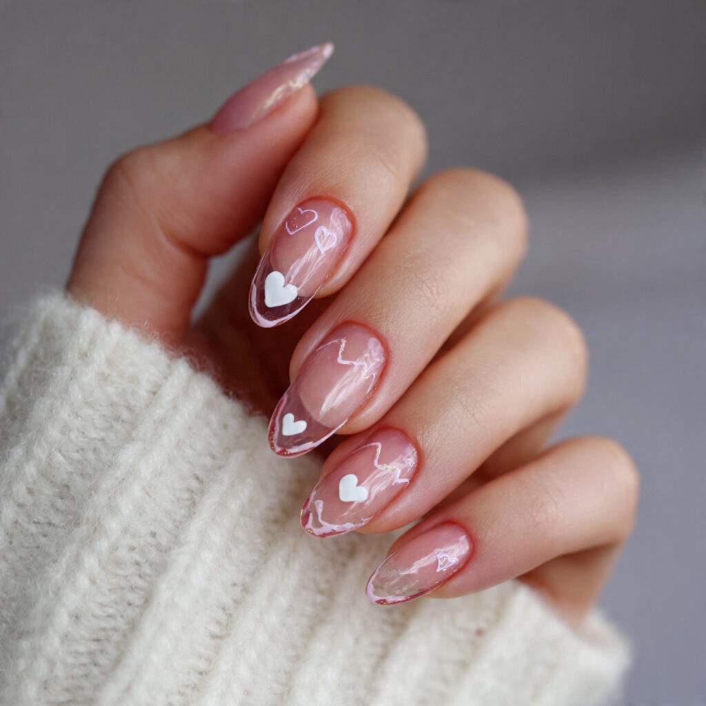 clear nails with minimal heart stickers