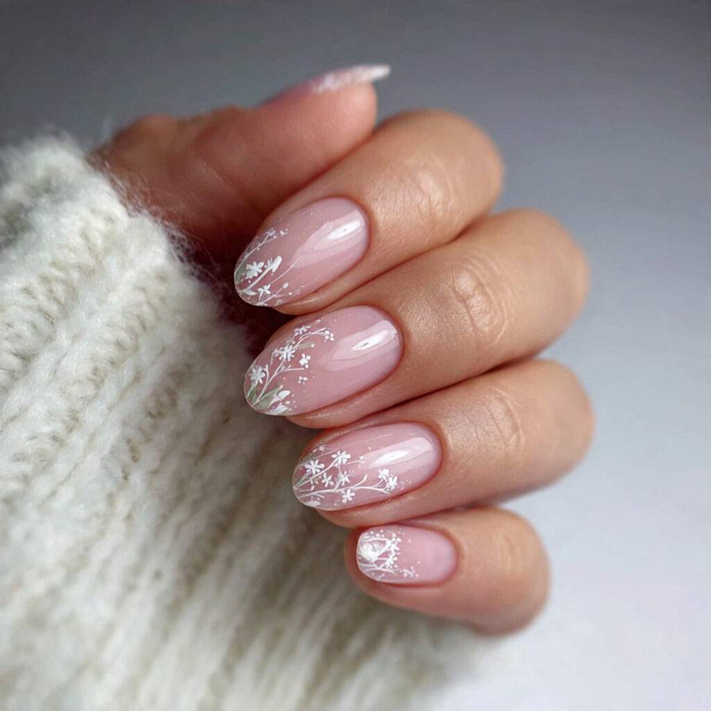 clear nails with white micro art feel