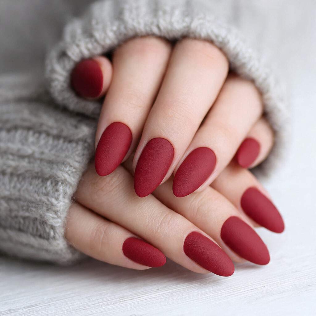 close up photo of almond shaped nails painted in