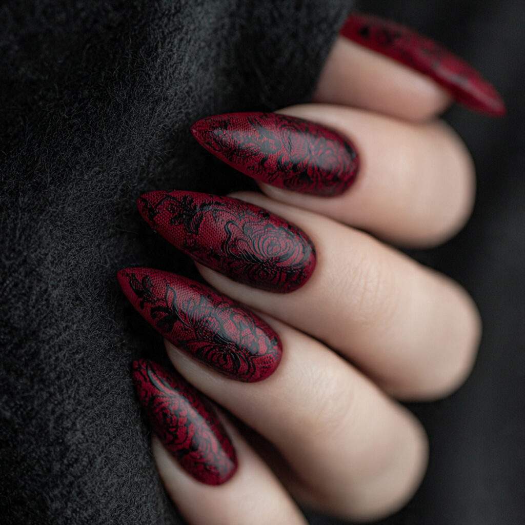 close up photo of long almond shaped nails painted