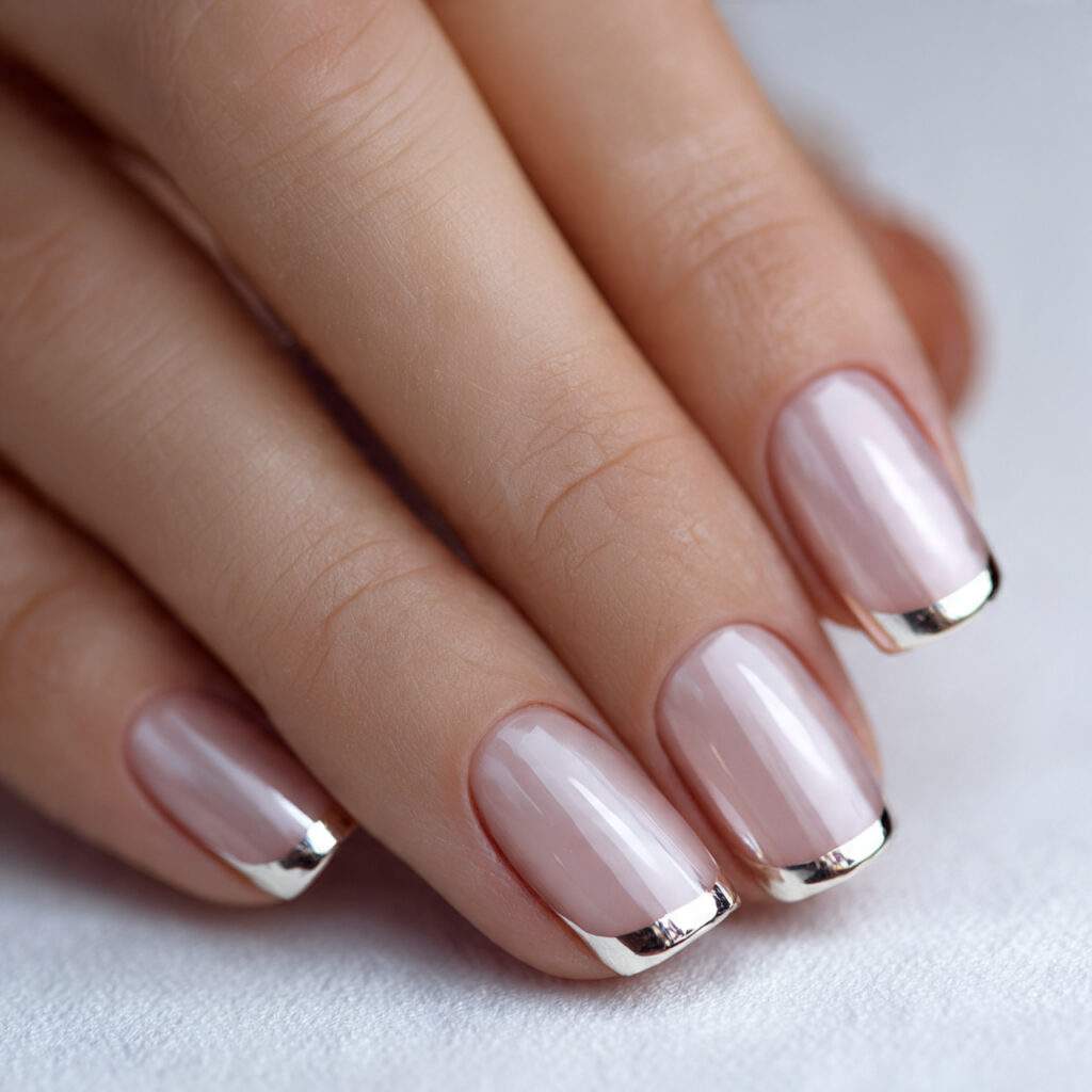 close up photo of short nails with chrome