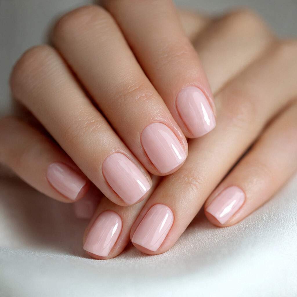 close up photo of short nails with sheer