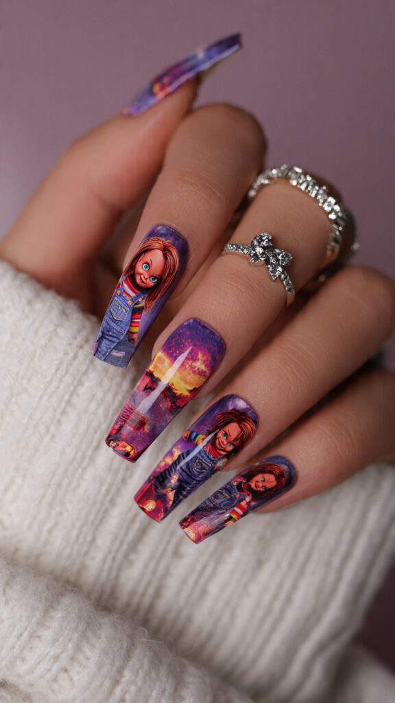 coffin nails with distressed chucky overalls print