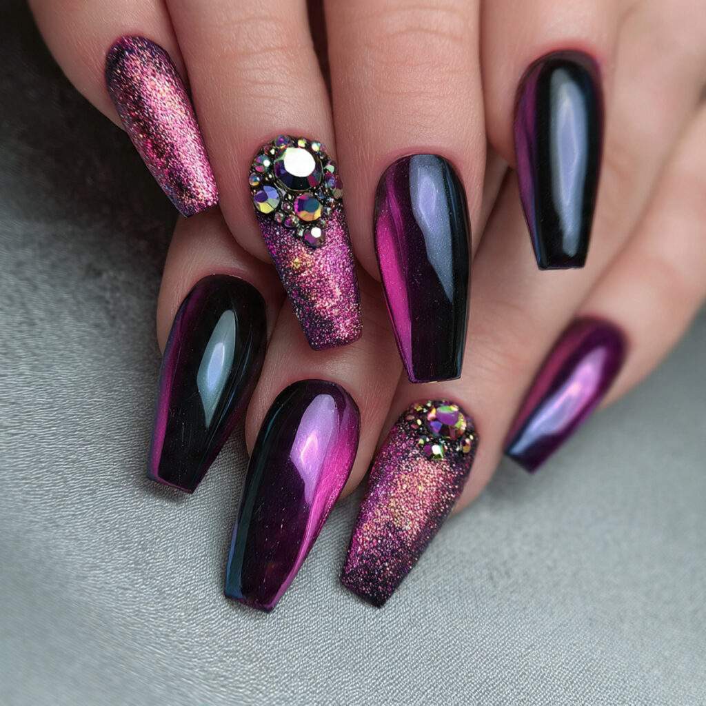 coffin shaped nails with bold colors and glam
