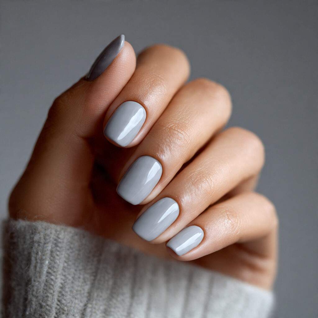 cool toned soft gray short nails sleek and
