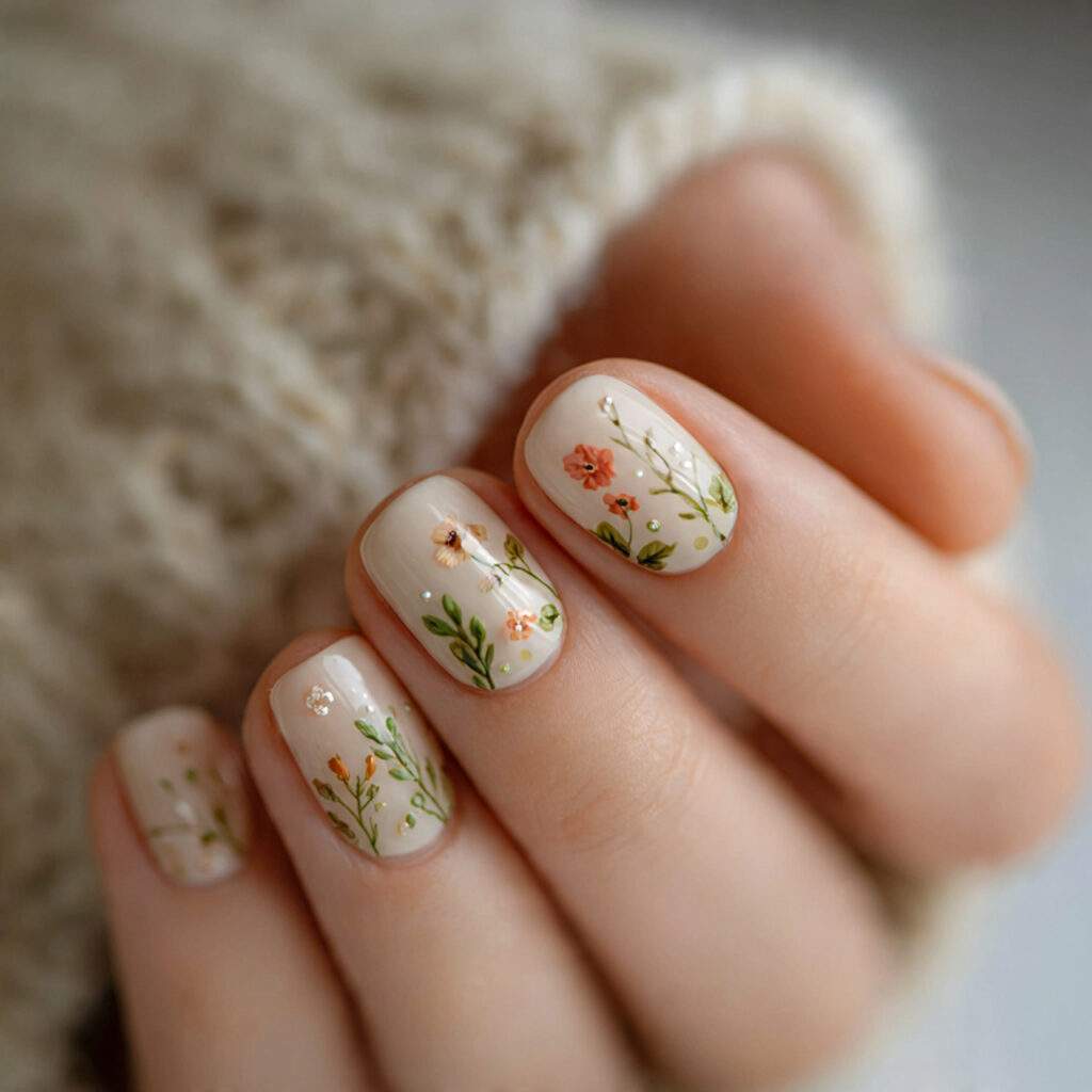 cottagecore nails use soft colors and nature