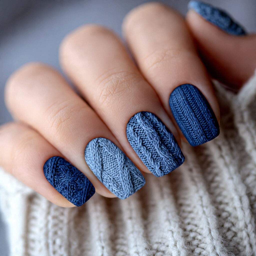 cozy knit accent short blue winter nails