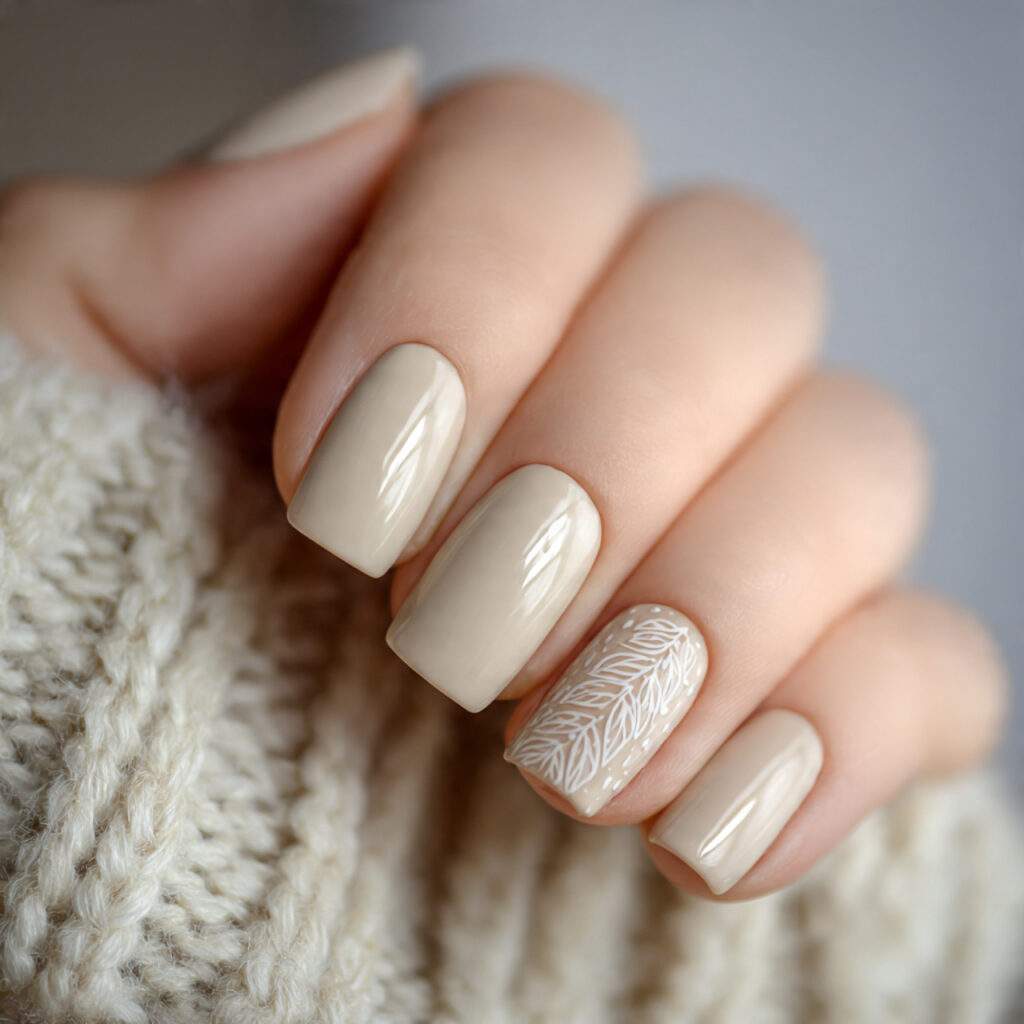cozy neutral january nails with cream polish