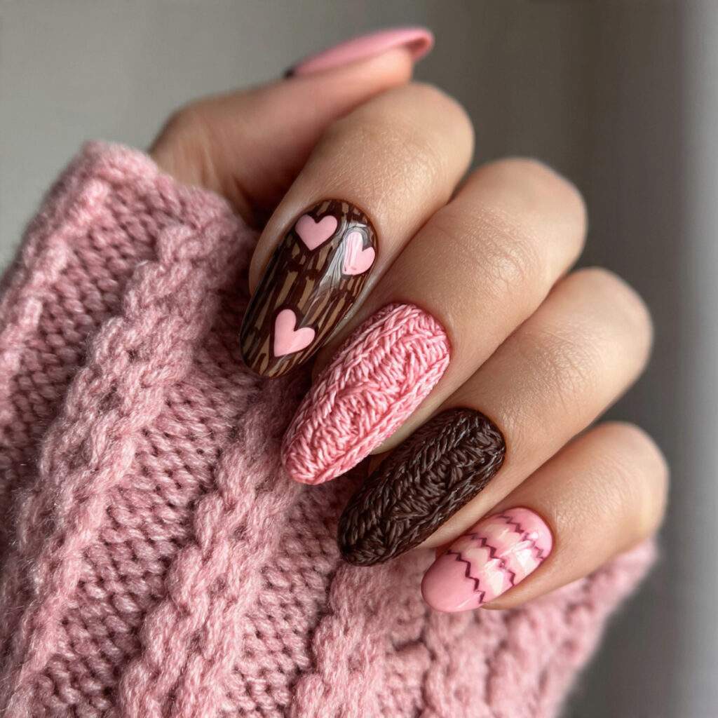cozy pink and brown february nail designs