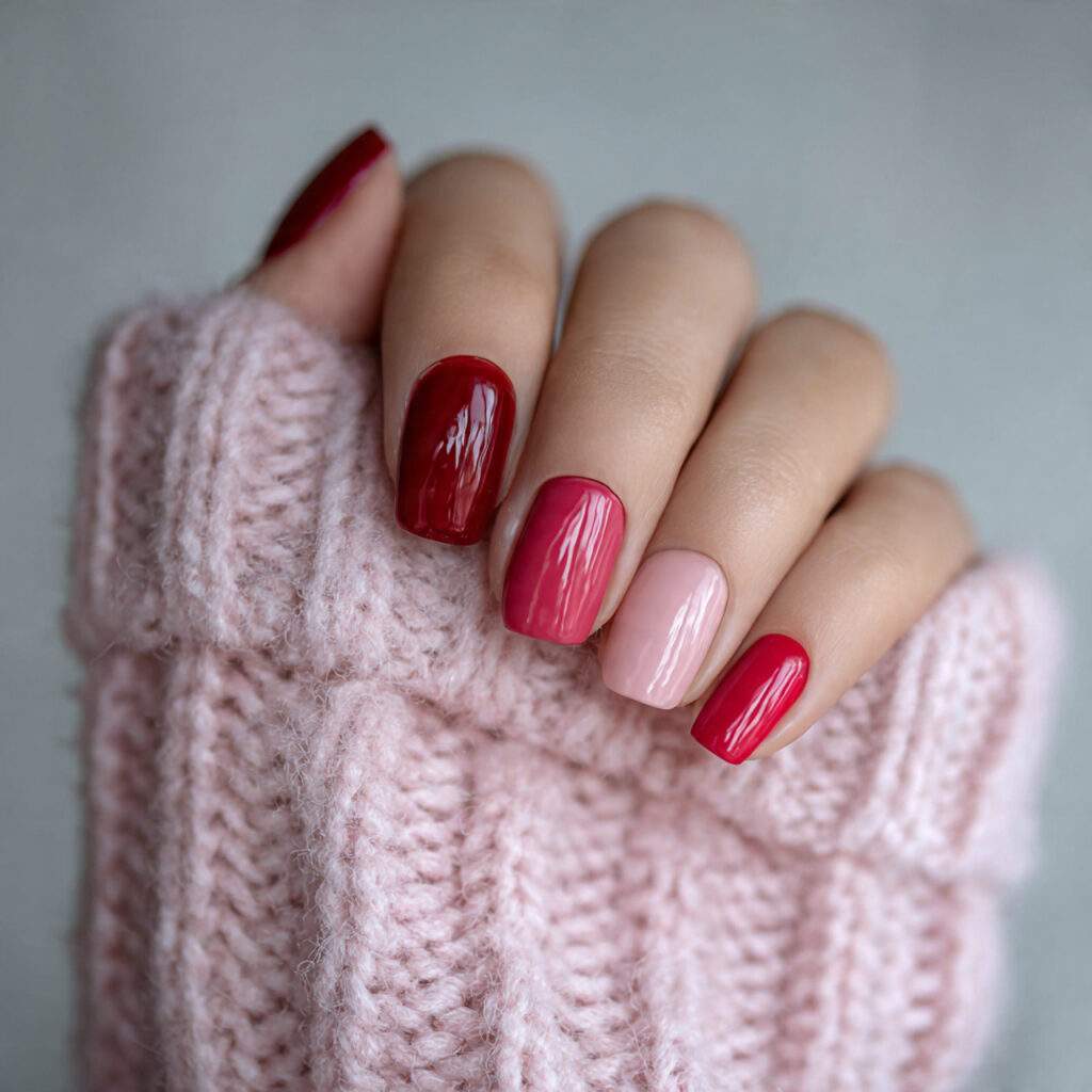 cozy pink and red nails use muted