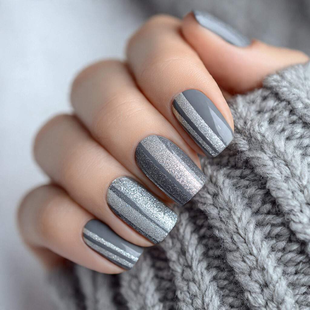 cozy silver stripe gray winter nails feel