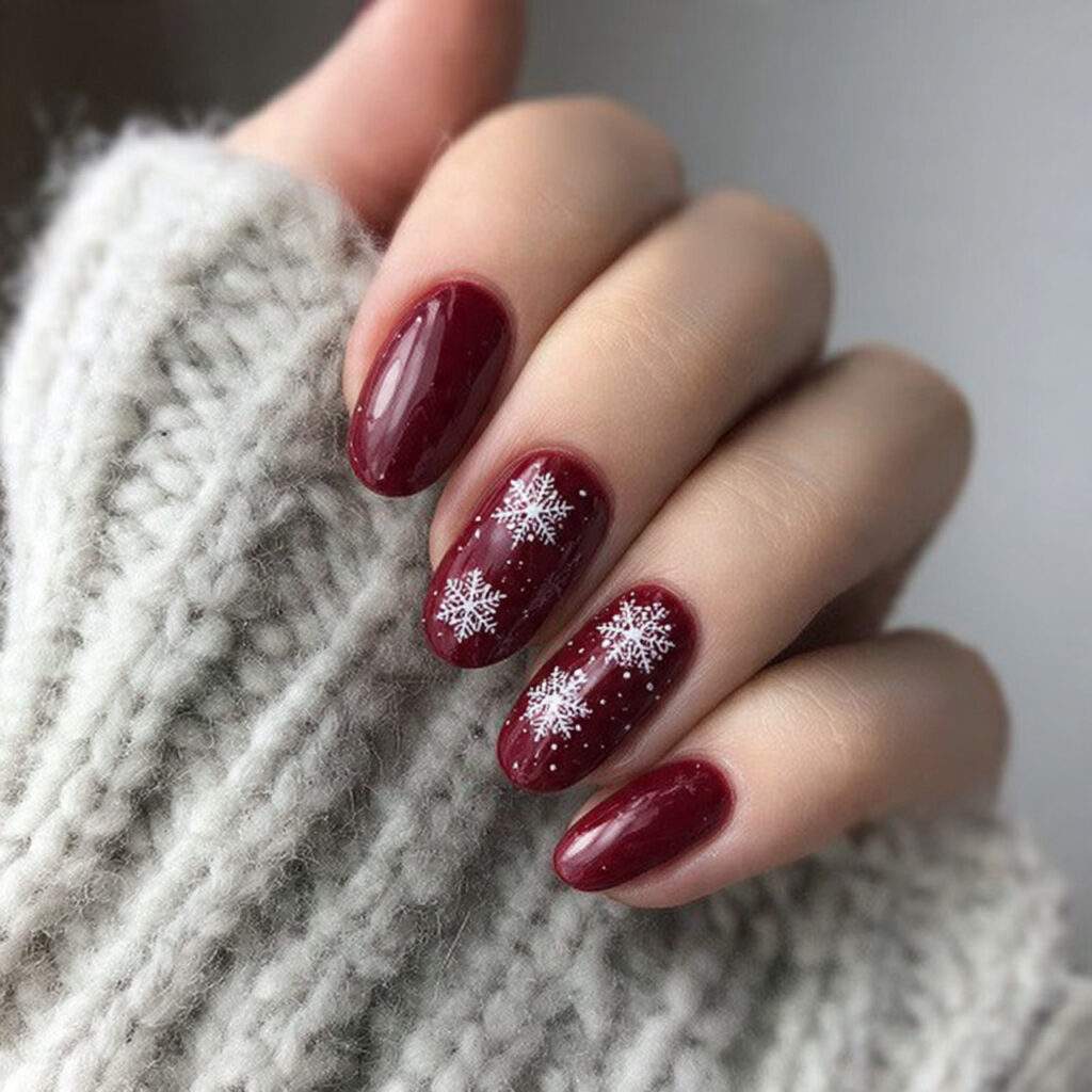 cozy snowflake burgundy winter nails feel soft