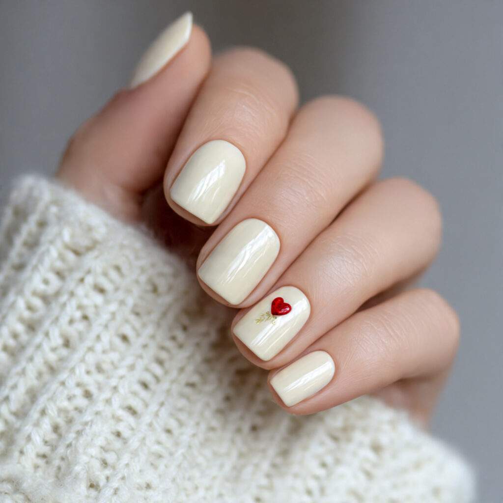 cream nails with tiny heart near cuticle