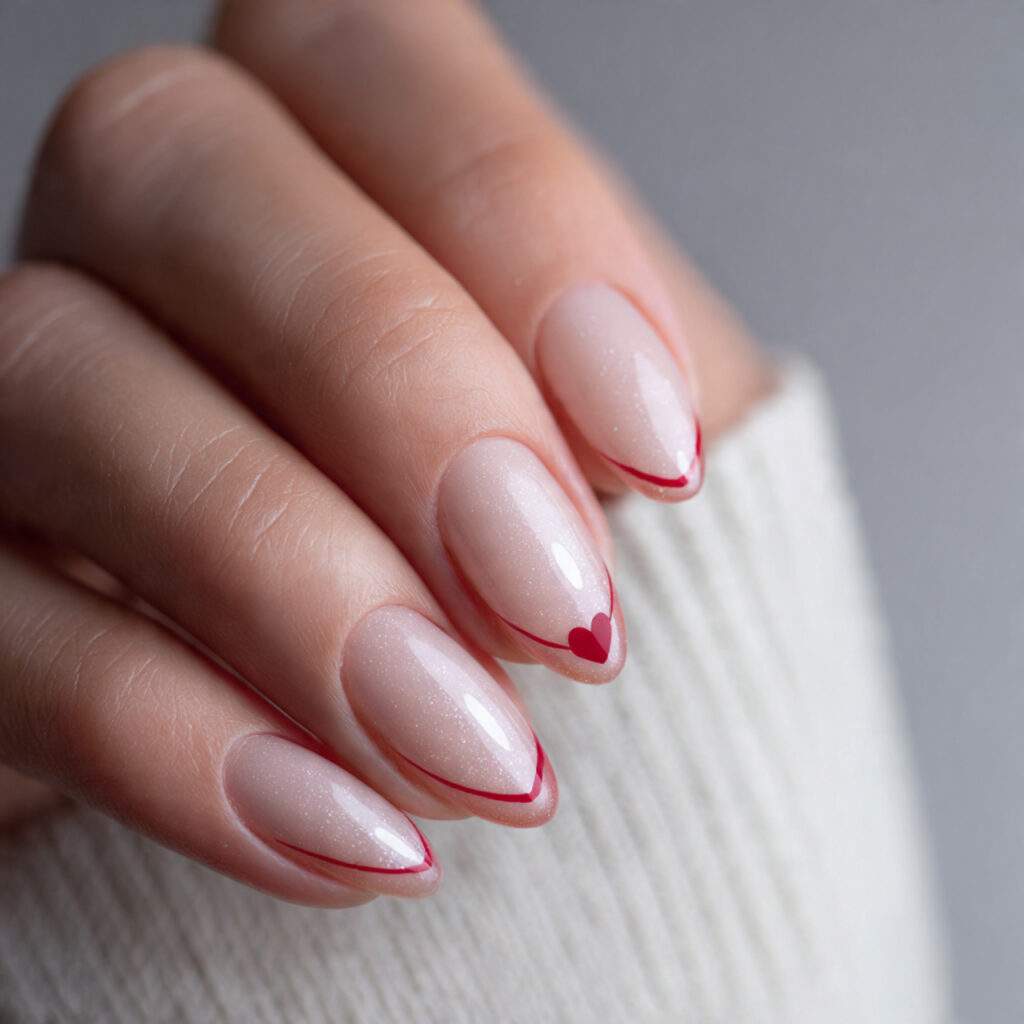cream nails with tiny side heart