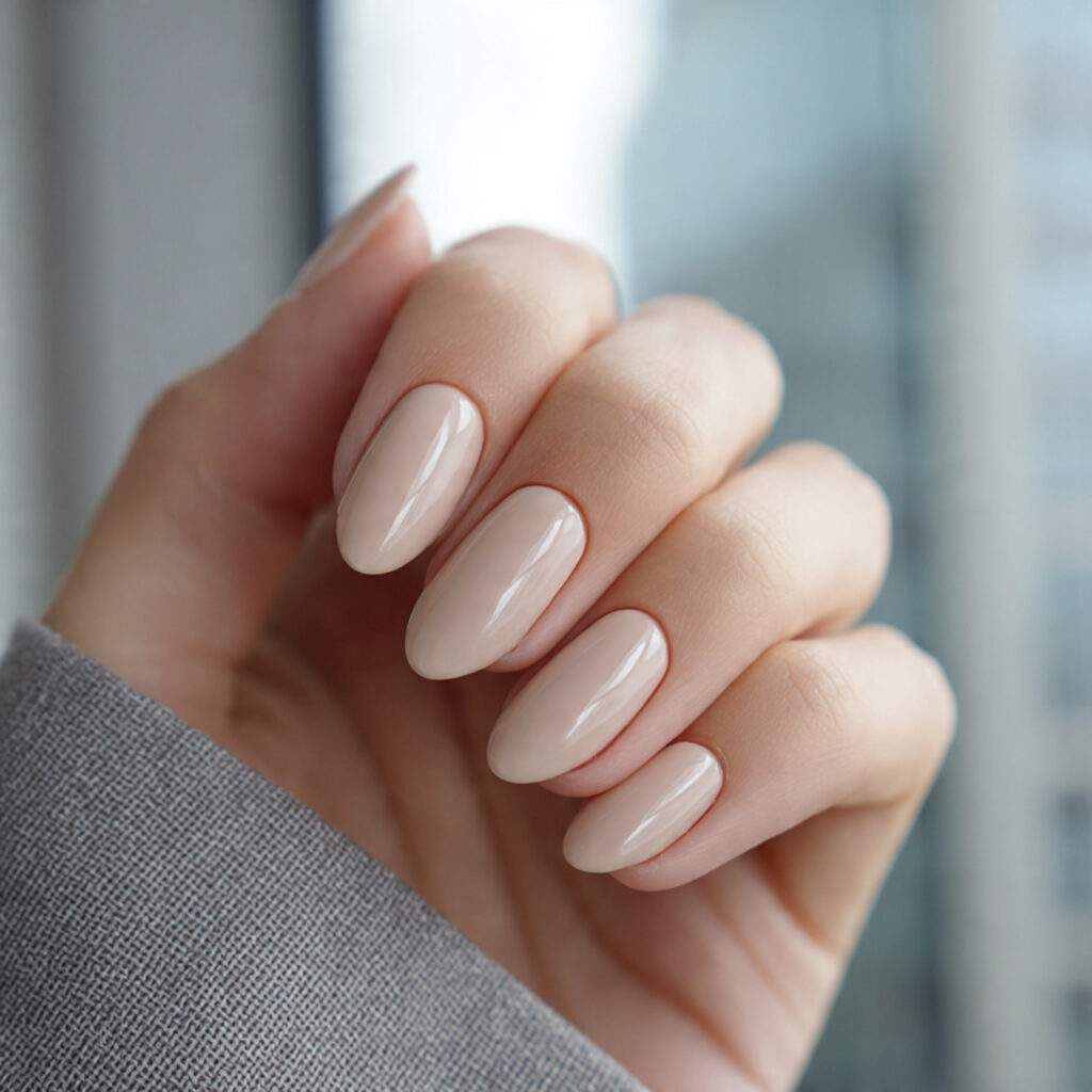 creamy beige office nails with a glossy
