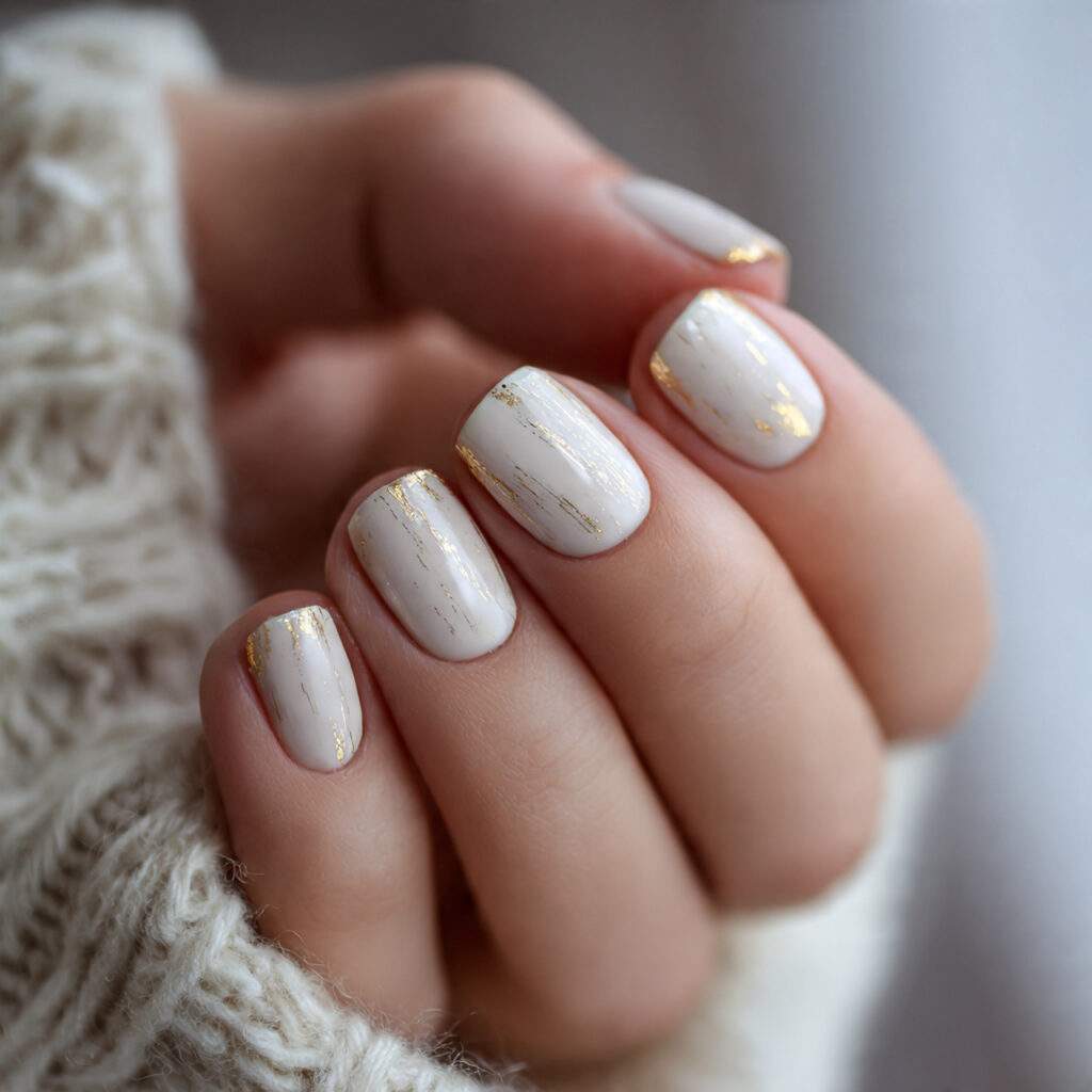 creamy ivory short nails with delicate gold