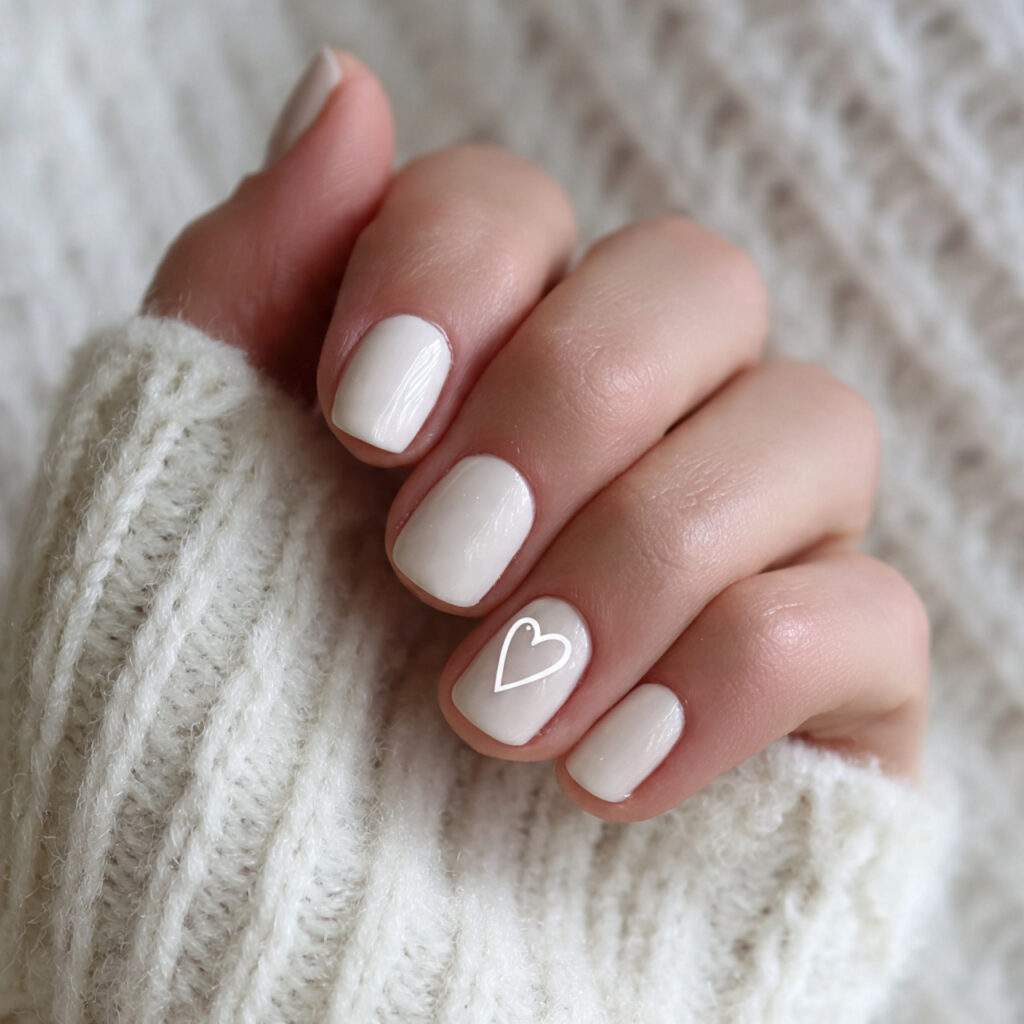 creamy nails with a tiny heart outline