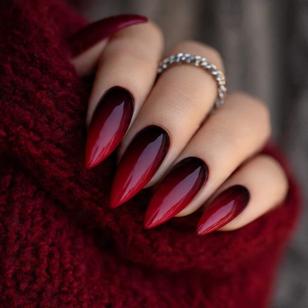 crimson fade edge stiletto nails feel warm
