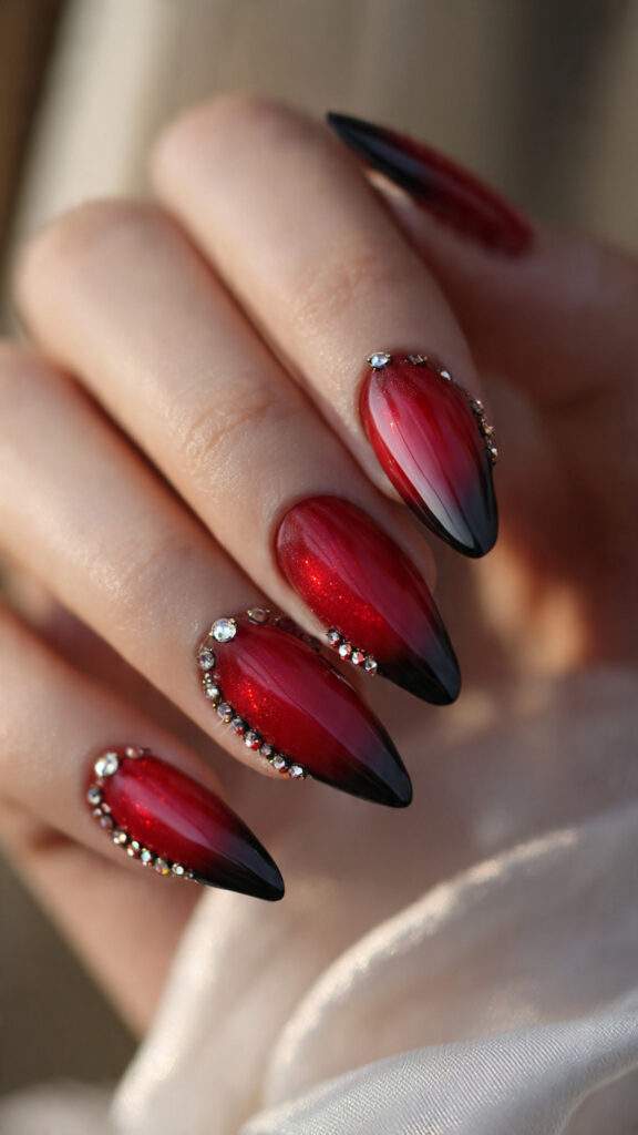crimson nails with black tips and tiny