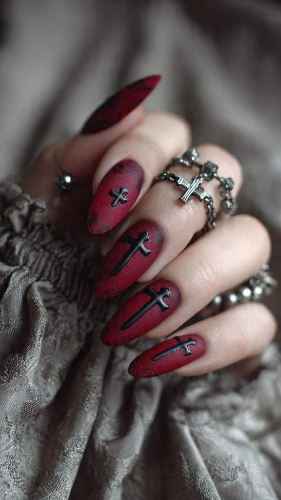 crimson oval nails with black crosses matte