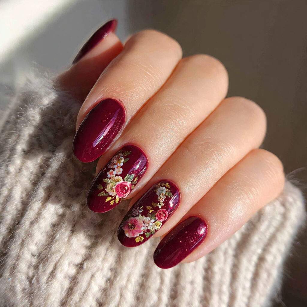 crimson winter floral burgundy nails feel romantic