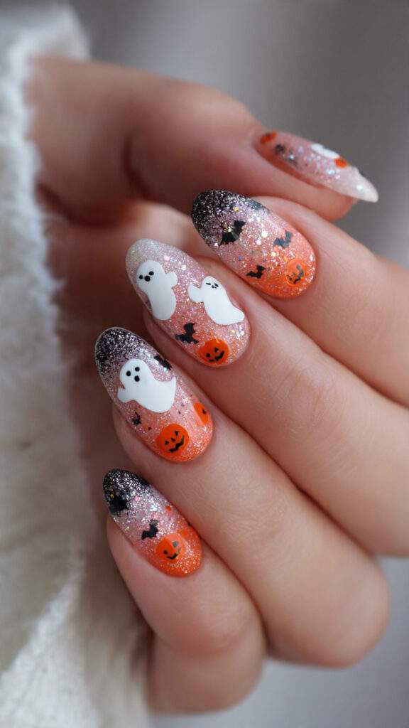 cute ghost and pumpkin nails with glitter 1