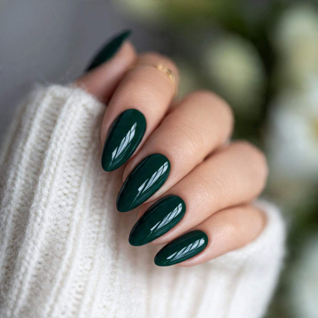 dark green almond winter nails feel elegant