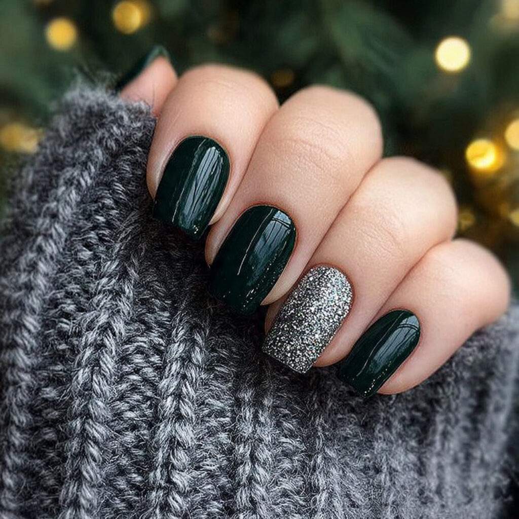 dark green winter nails with glitter accents