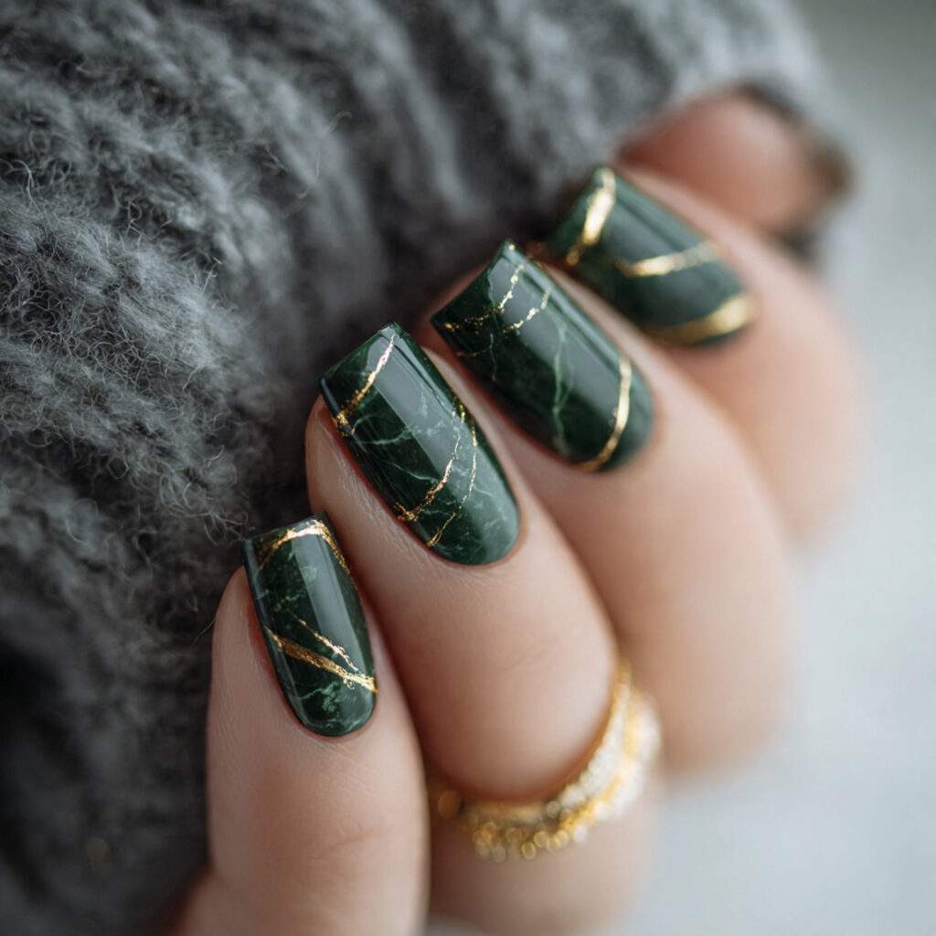 dark green winter nails with gold accents