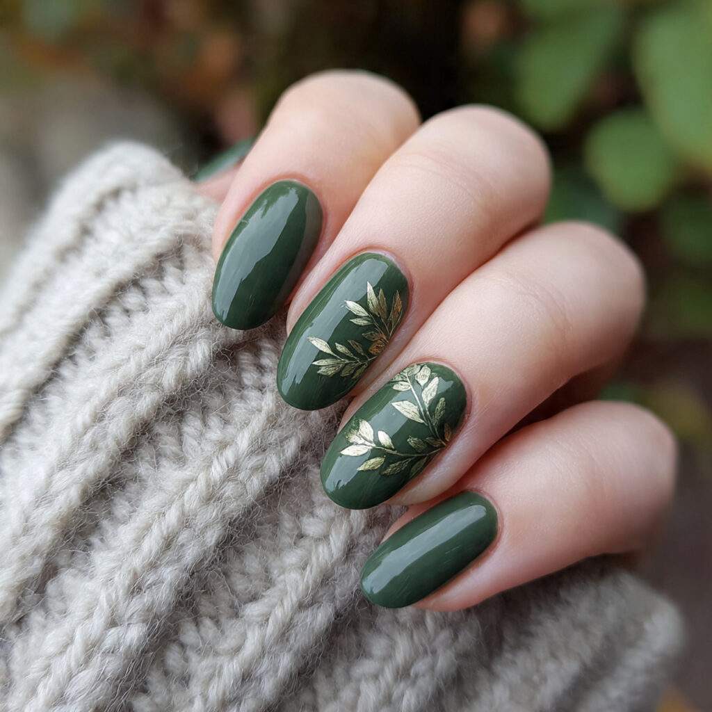 dark green winter nails with leaf designs